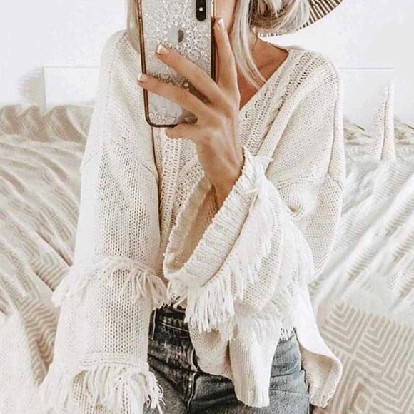 Cozy Cable Knit Fringe Sleeve Oversized Sweater Top - Picture 2 of 7